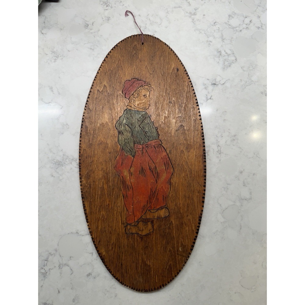 Antique 1904 Pyrography Wood Burning Wall Plaque Dutch Boy Signed A.C. Baisley